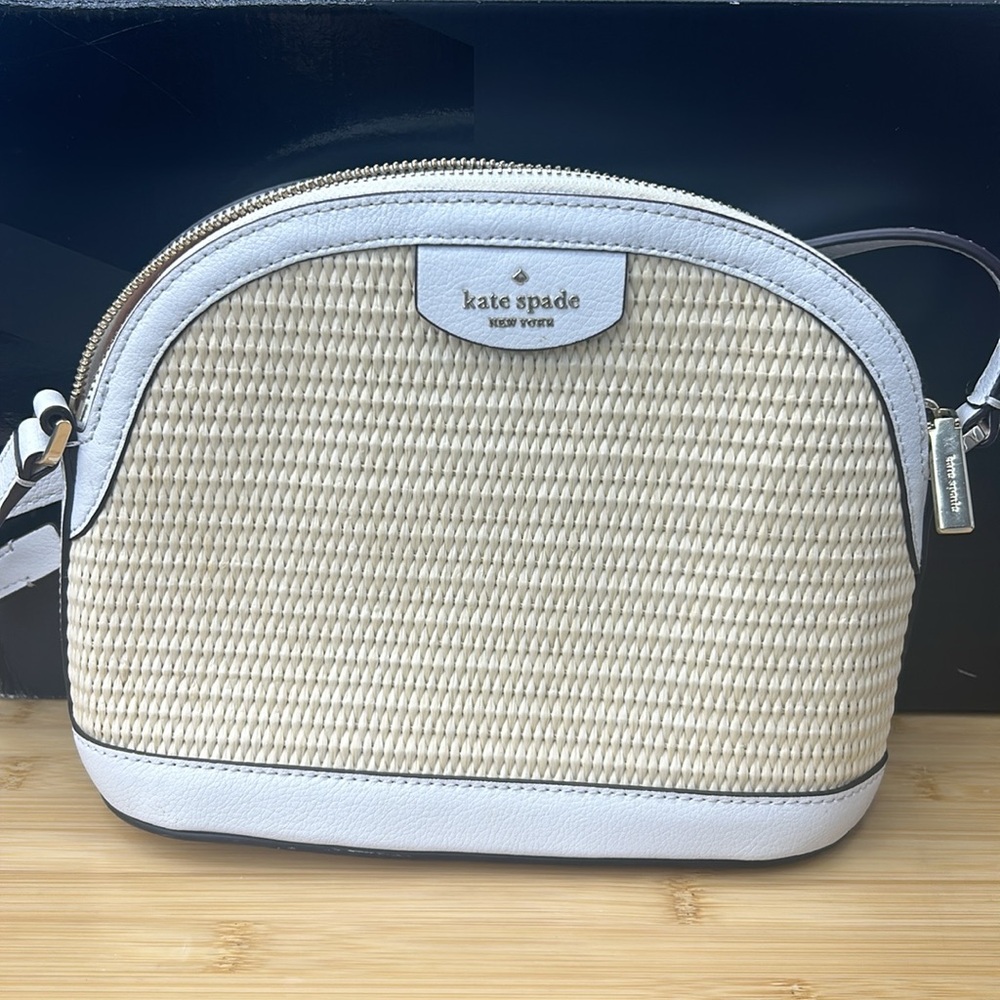 Kate Spade Sylvia Straw Dome Crossbody Bag with white leather trim